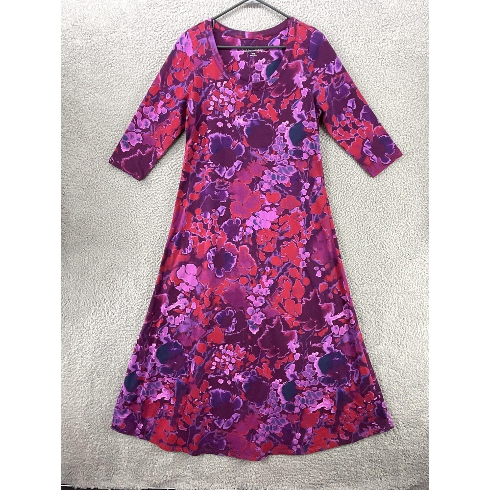 Soft Surroundings Dress Womens Small Purple Floral A-Line Maxi Scoop 3/4 Sleeve